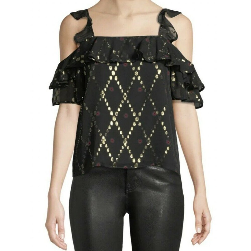 A.L.C Willow Silk Metallic Ruffle Cold Shoulder Blouse Size 6 New $275